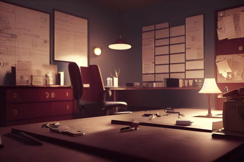 Office with desks, included table lamp and stands with information on the walls 3d illustration